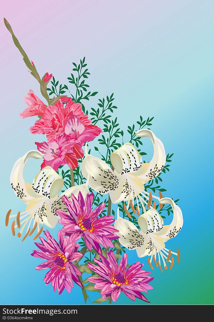 Illustration with lotus bouquet on blue background. Illustration with lotus bouquet on blue background