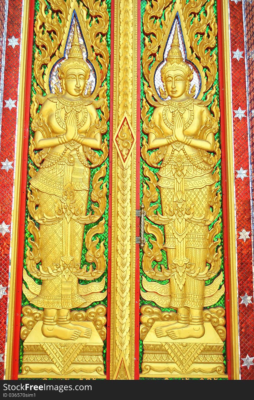 The character of thai literature on the door at the temple