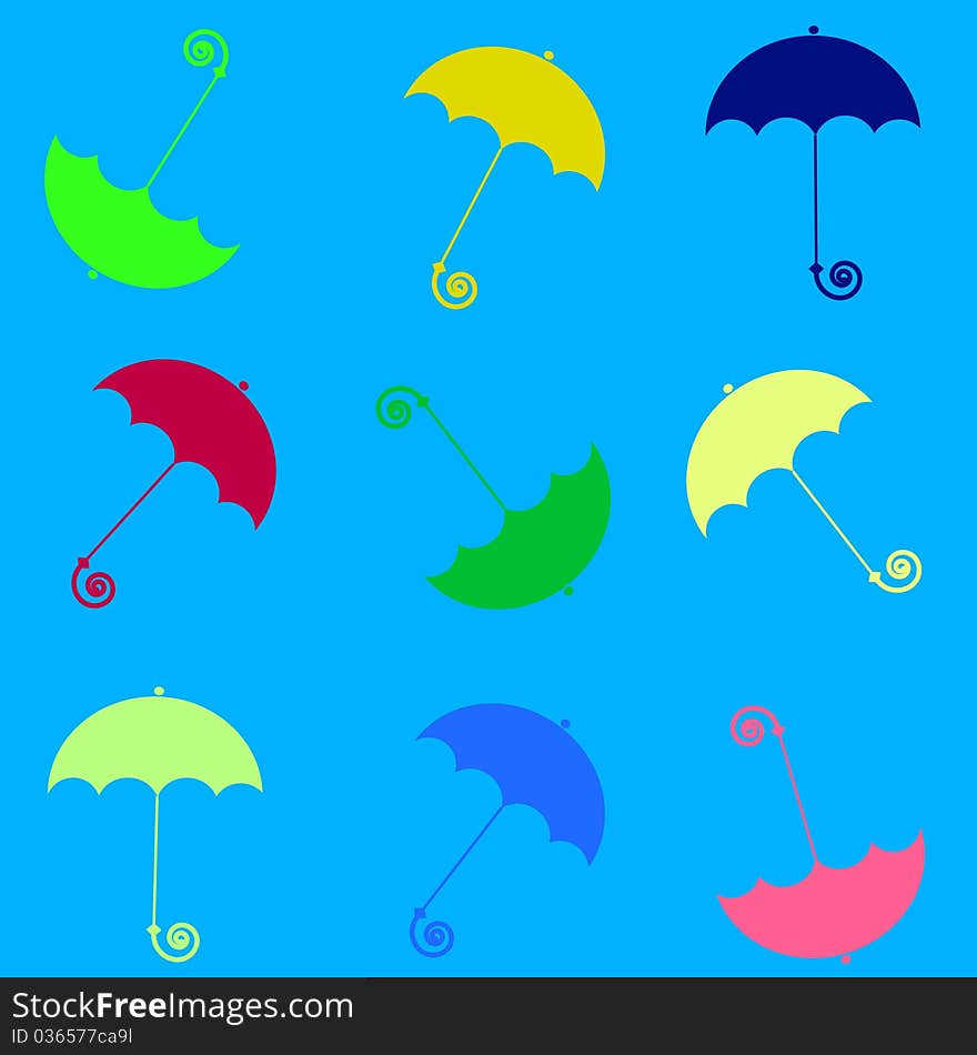 Blue background with color umbrellas