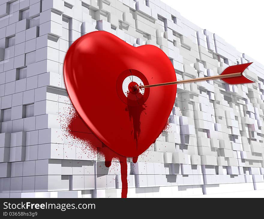 3d render heart with an arrow on brick wall