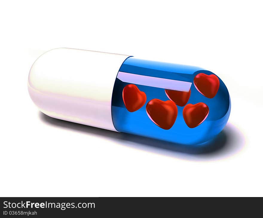 Pill filled with hearts. 3d render