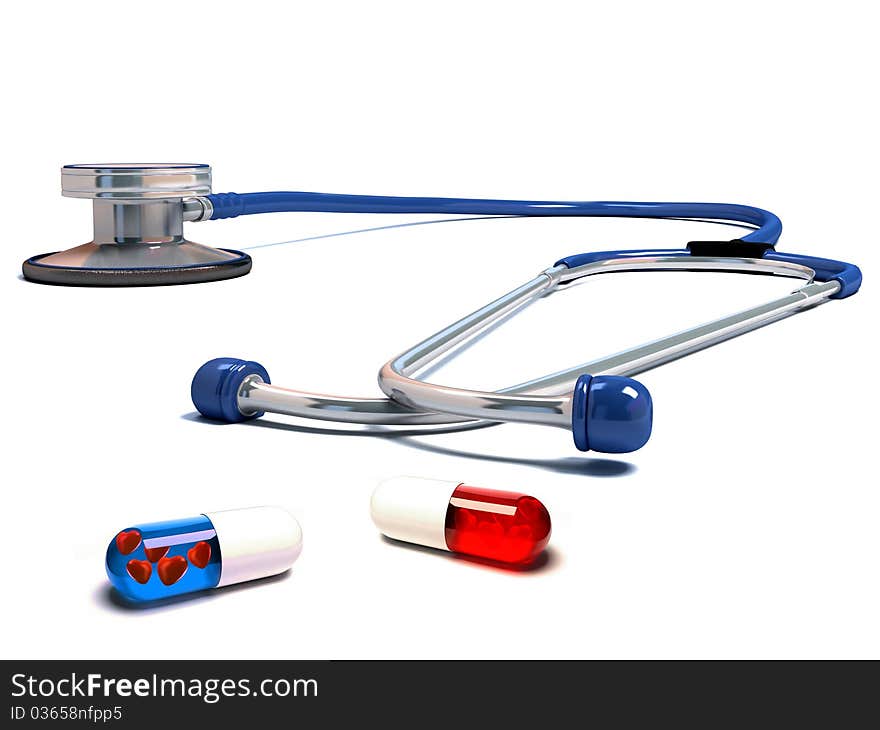 Stethoscope with red and blue pills isolated. 3d render