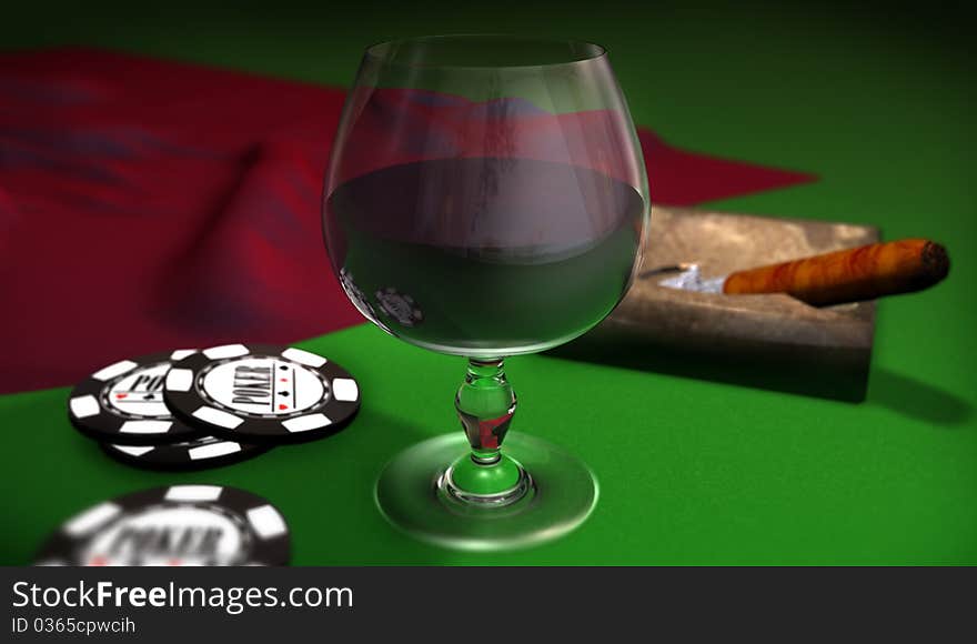 Wine, cigar and poker chips on green table. Wine, cigar and poker chips on green table