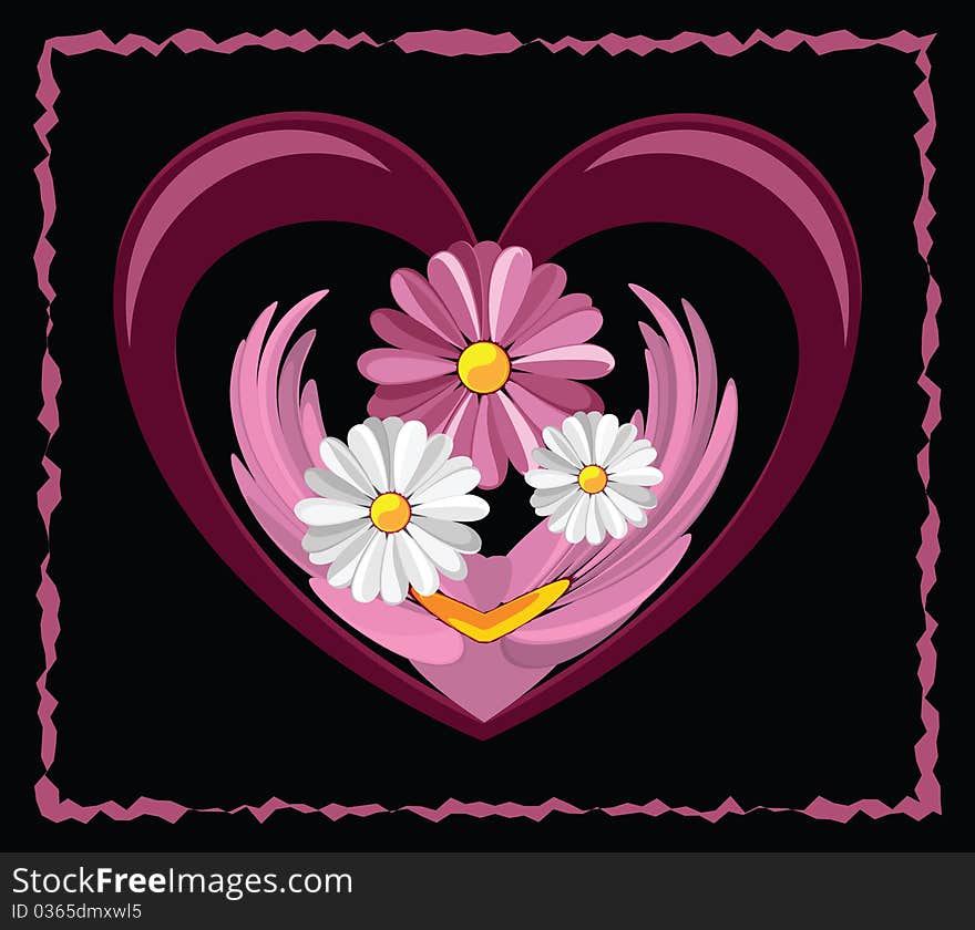 Illustration of decorative heart with the daisies against the black background