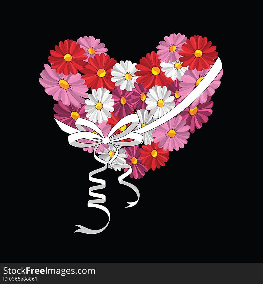 Illustration of decorative heart with the daisies against the black background. Illustration of decorative heart with the daisies against the black background