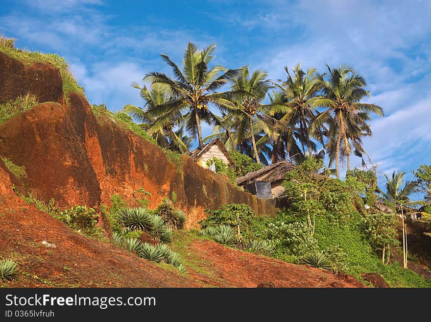 Tropical Huts on a Red Cliff in Varkala, Kerala, India