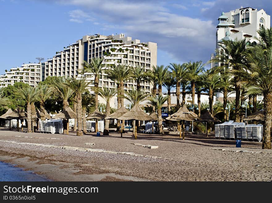 The shot was taken from the northern beach of Eilat city - famous resort and recreation city in Israel. The shot was taken from the northern beach of Eilat city - famous resort and recreation city in Israel