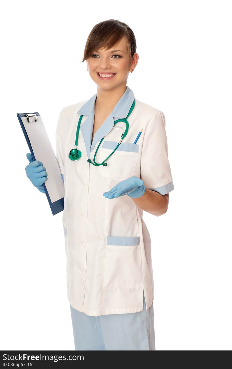 The doctor holding clipboard with blank paper in the hand