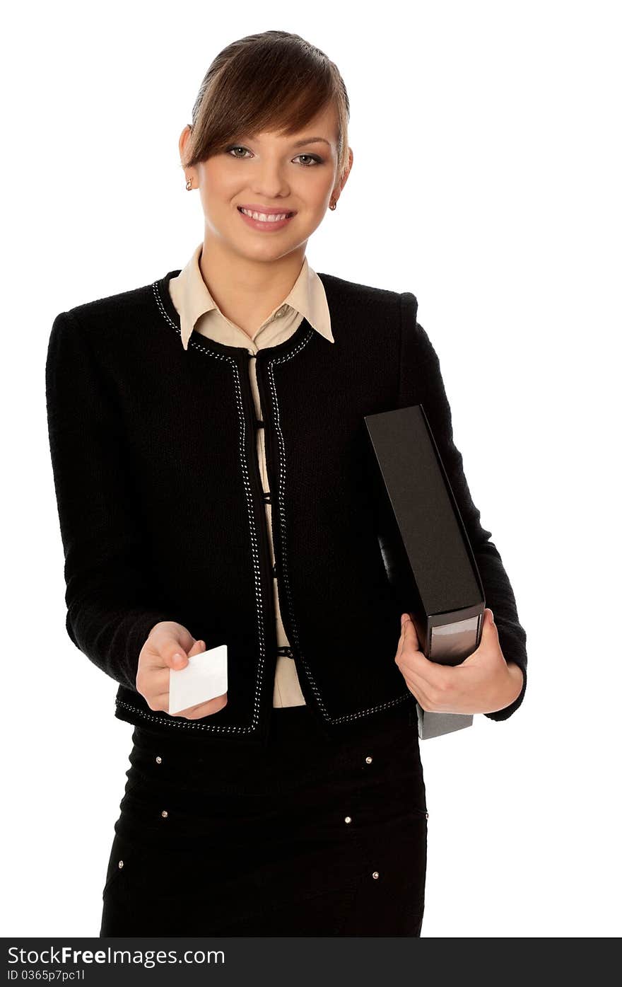 Businesswoman giving her business card to the partners