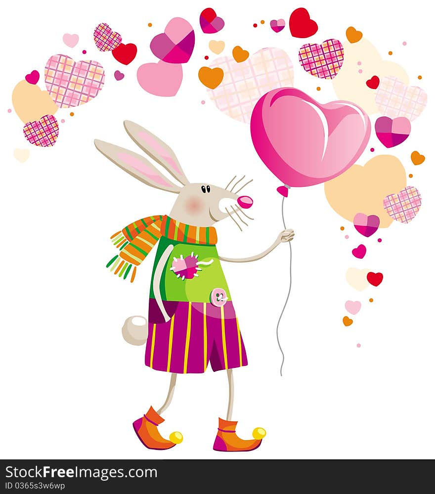 Hare with the balloon in his hand on Valentine's Day. Hare with the balloon in his hand on Valentine's Day