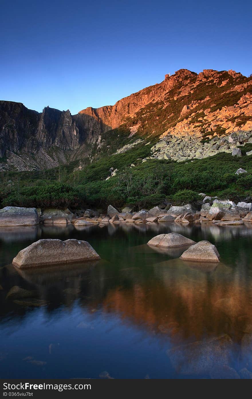 Mountain lake in the morning sun is a wonderful phenomenon