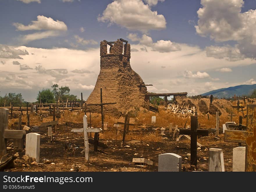 This is a view of the San Geronimo rchurch and graveyard ruins from Taos Pueblo. This is a view of the San Geronimo rchurch and graveyard ruins from Taos Pueblo