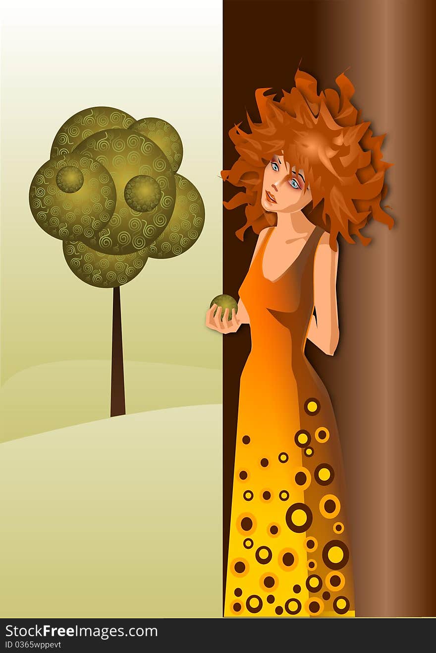 Llustration depicting Eve from Eden, apple. Llustration depicting Eve from Eden, apple