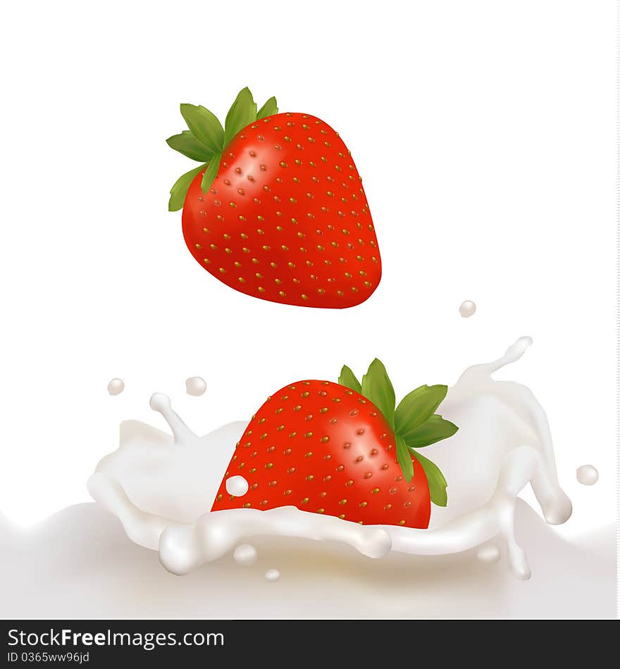 Strawberry fruits falling into the milky splash