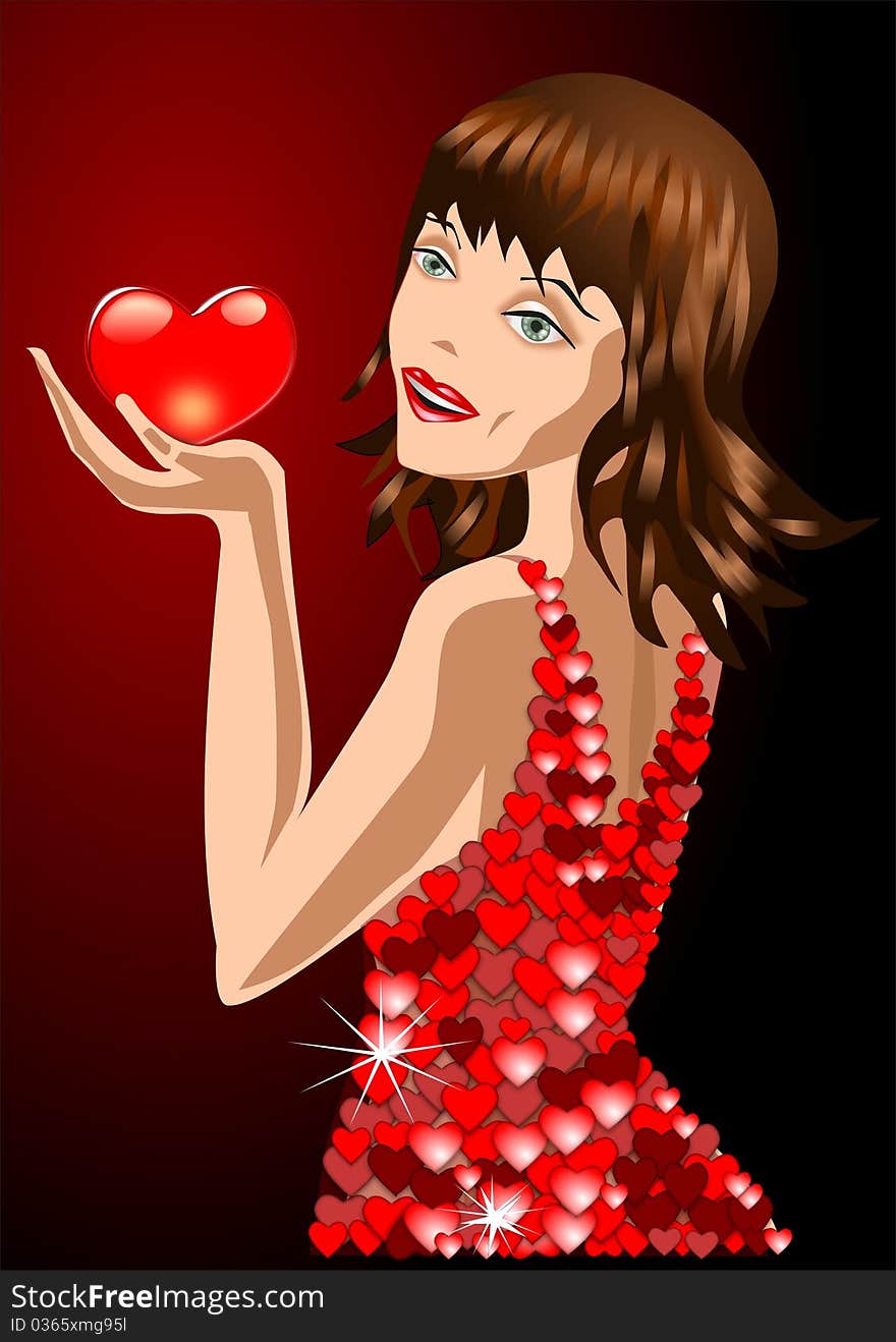 Illustration of a woman with a red heart woman,. Illustration of a woman with a red heart woman,