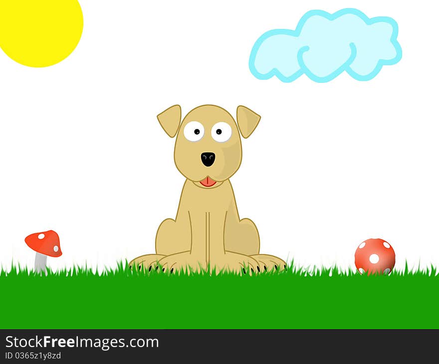 A puppy sitting in the grass. Illustration.