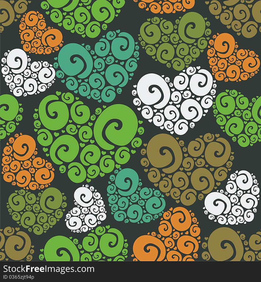 Texture of colorful hearts on green background. Vector illustration. Texture of colorful hearts on green background. Vector illustration