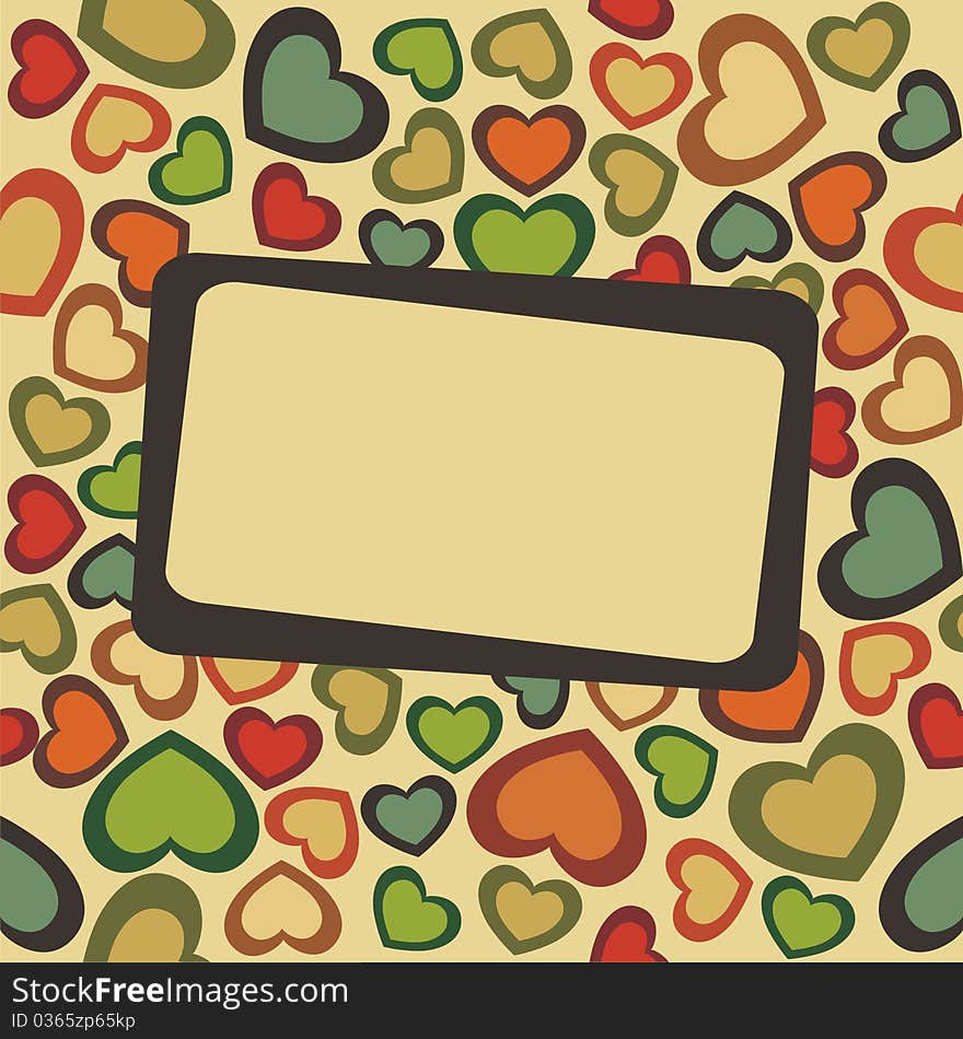 Postcard with texture of colorful hearts on beige background. Vector illustration. Postcard with texture of colorful hearts on beige background. Vector illustration