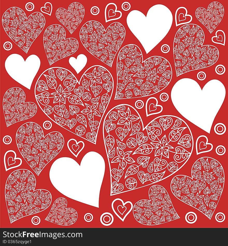 Texture of white hearts on red background. Vector illustration. Texture of white hearts on red background. Vector illustration