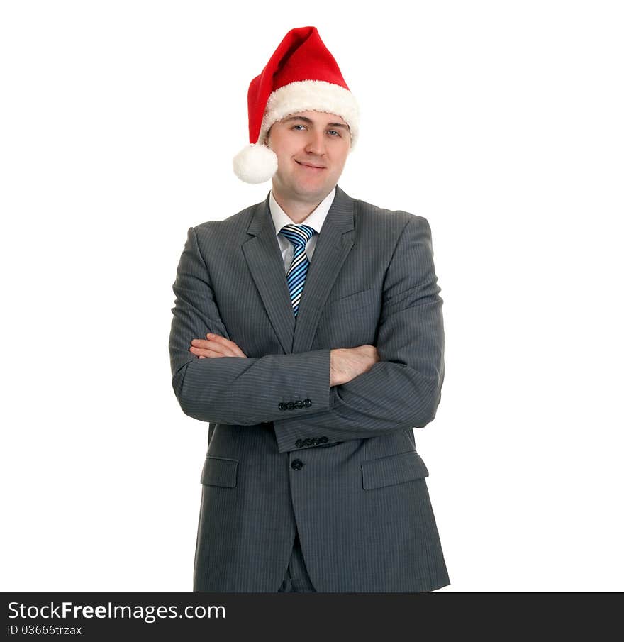 Businessman in the Santa hat on a white background