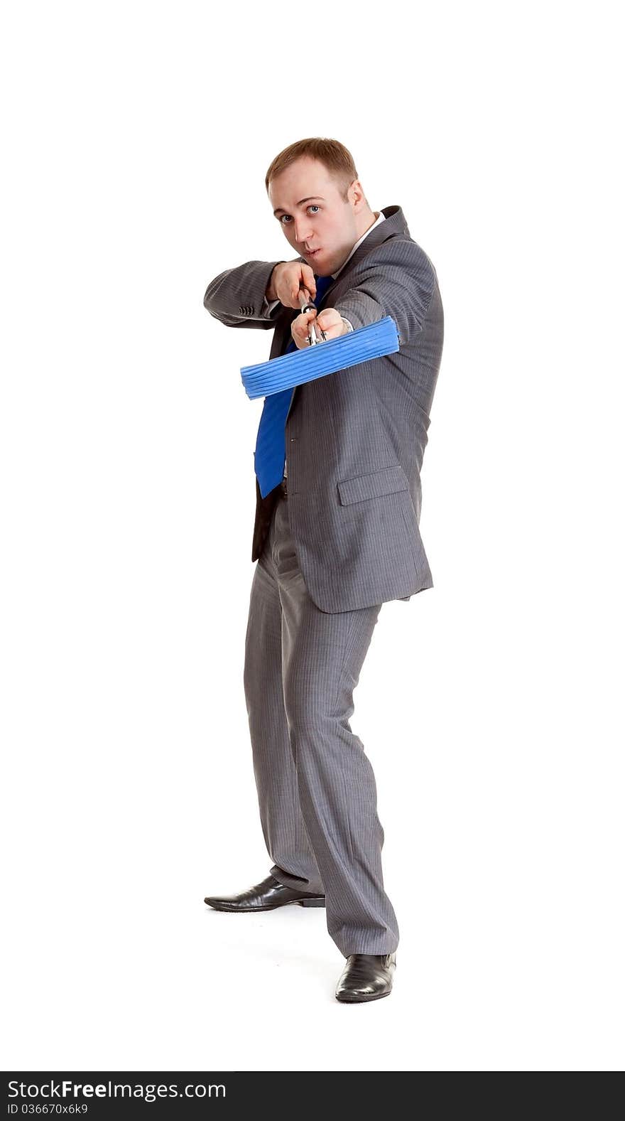 Businessman in a gray suit with a blue mop. Businessman in a gray suit with a blue mop