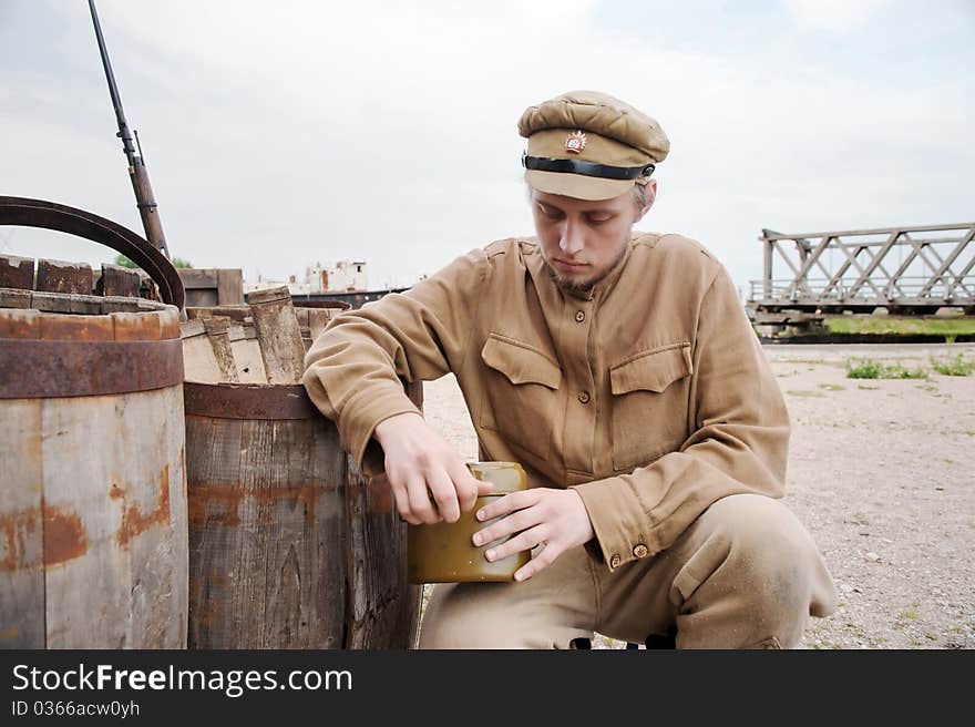 Soldier with boiler in retro style picture