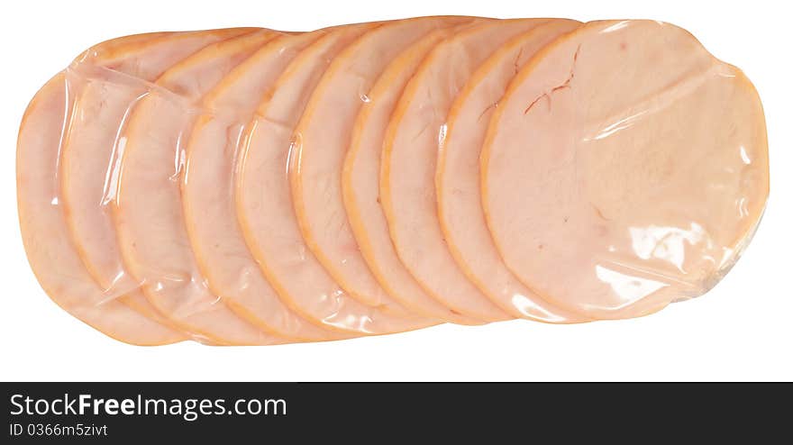 Slices of fresh ham in a vacuumed plastic bag. Slices of fresh ham in a vacuumed plastic bag.