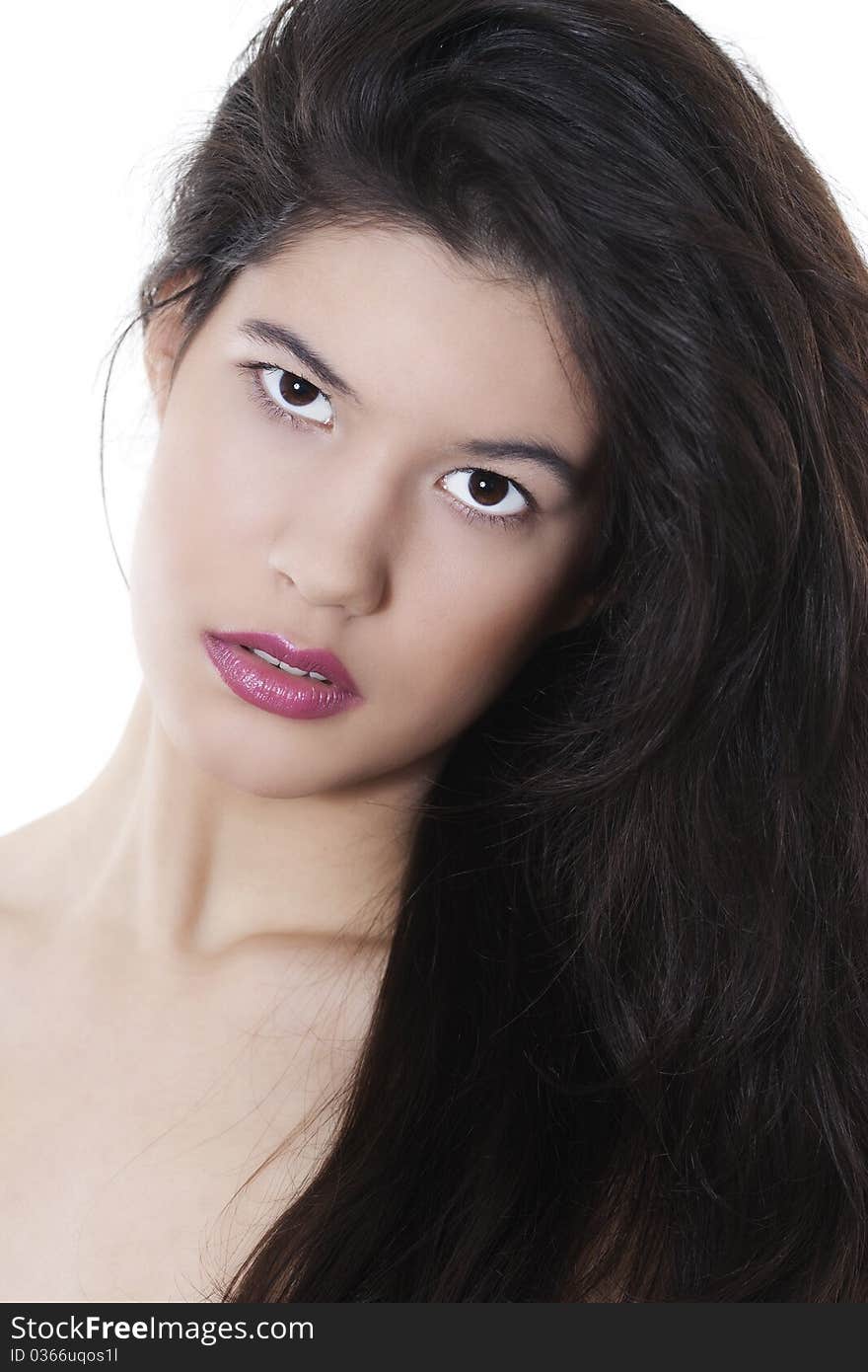 Beautiful woman with healthy hair on white background