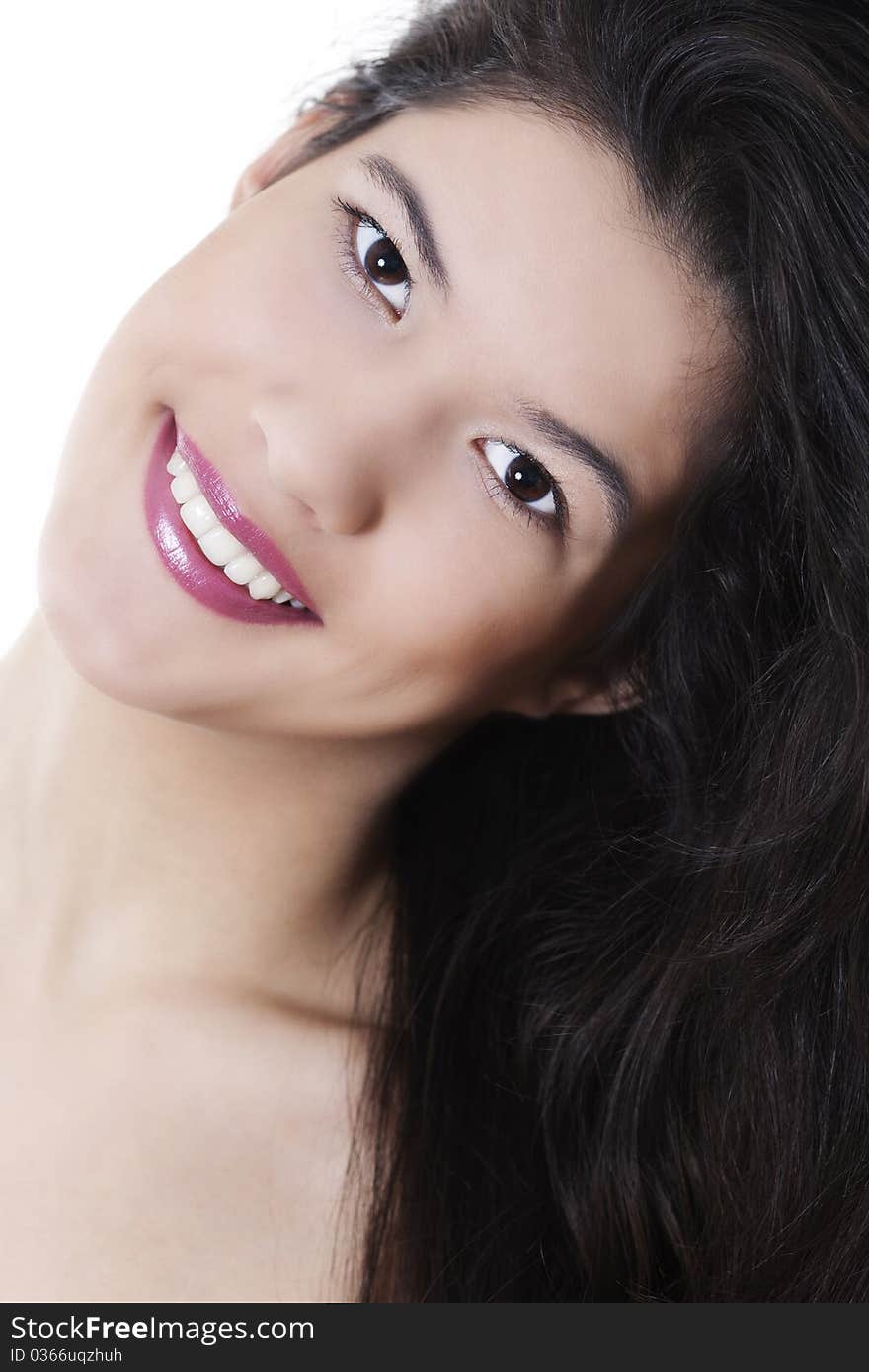 Beautiful woman with healthy hair on white background