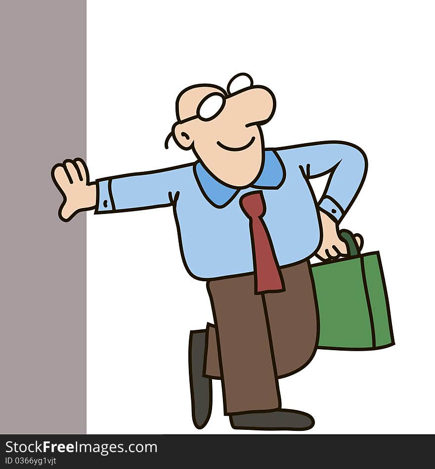 Clerk, the clerk standing, smiling, holding a briefcase. Clerk, the clerk standing, smiling, holding a briefcase