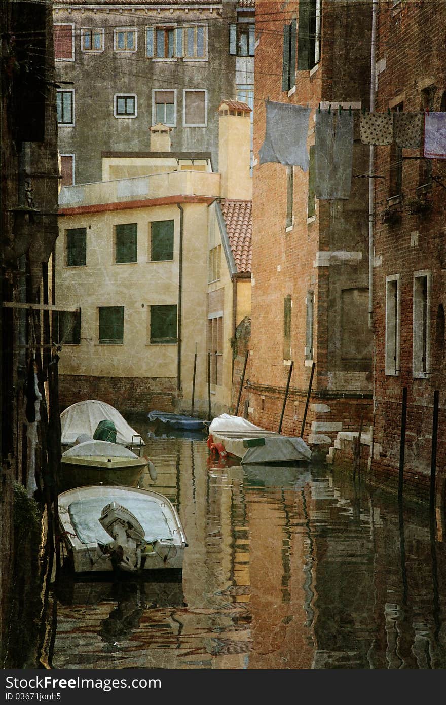 Small canal in Venice with boat, maked in old painting style. Small canal in Venice with boat, maked in old painting style