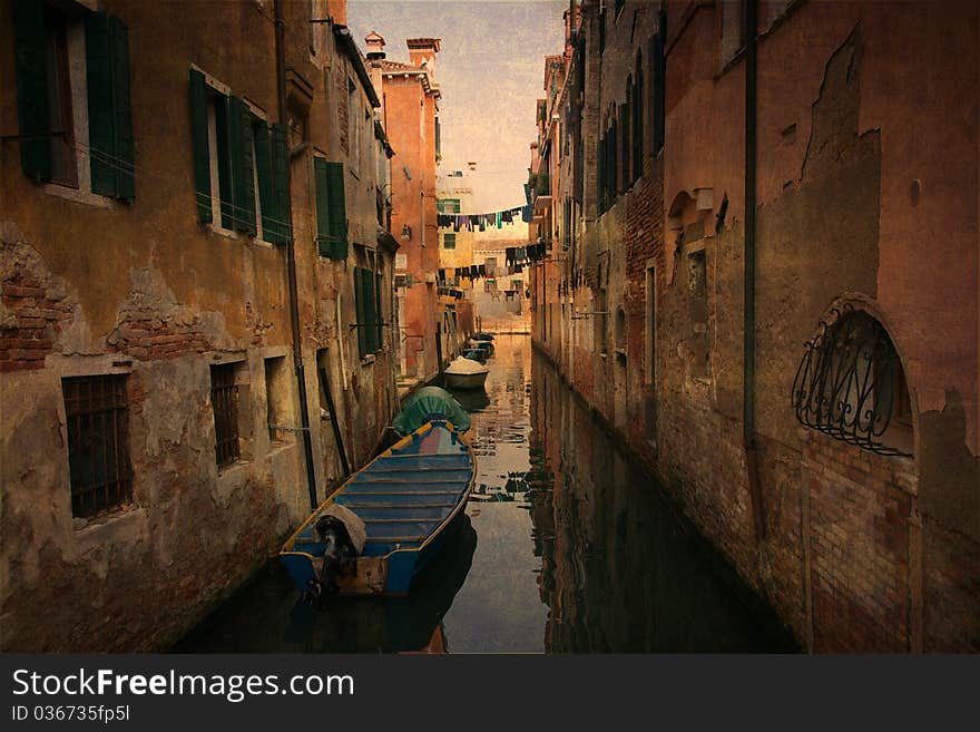 A canal in Venice retouched as oil painting. A canal in Venice retouched as oil painting