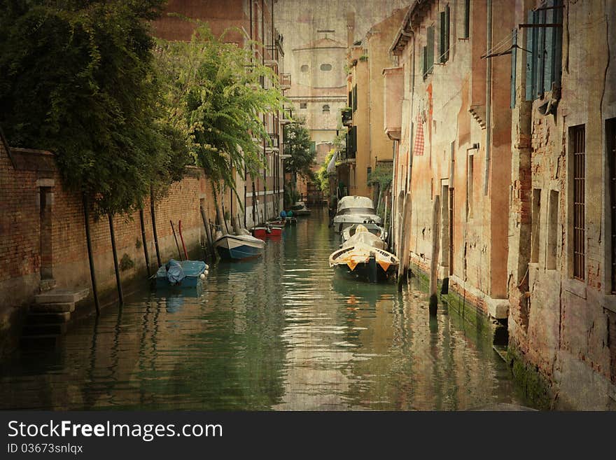 Venice canal retouched  in old painting style. Venice canal retouched  in old painting style