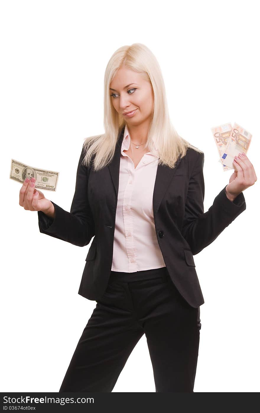 Usiness woman holding euro and dollars