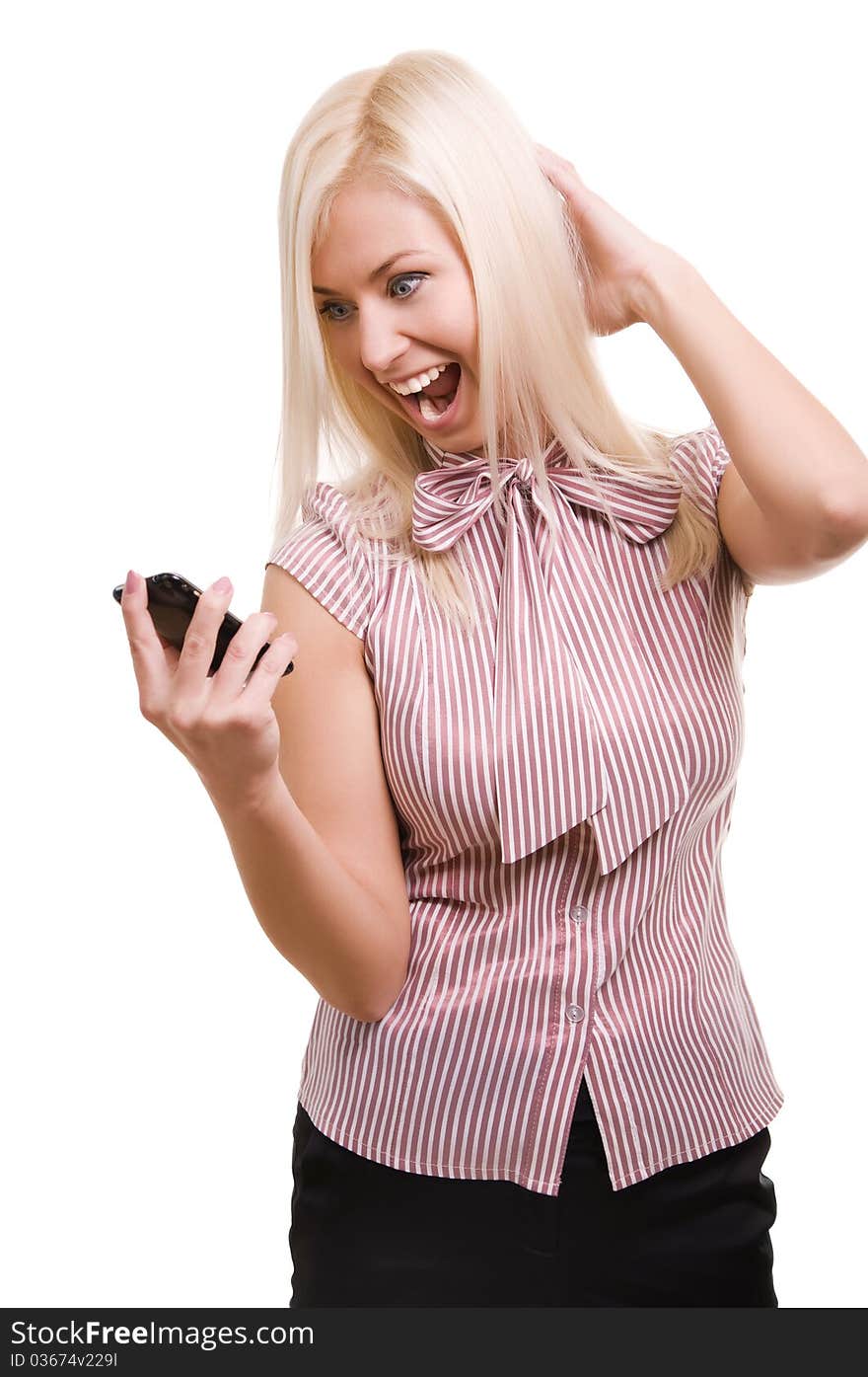 Angry business woman yells while on cell phone isolated on white.