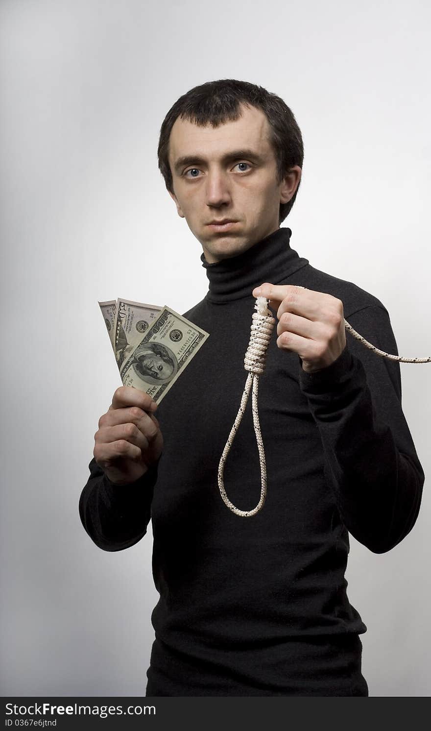 A man asks you to select noose or money. A man asks you to select noose or money