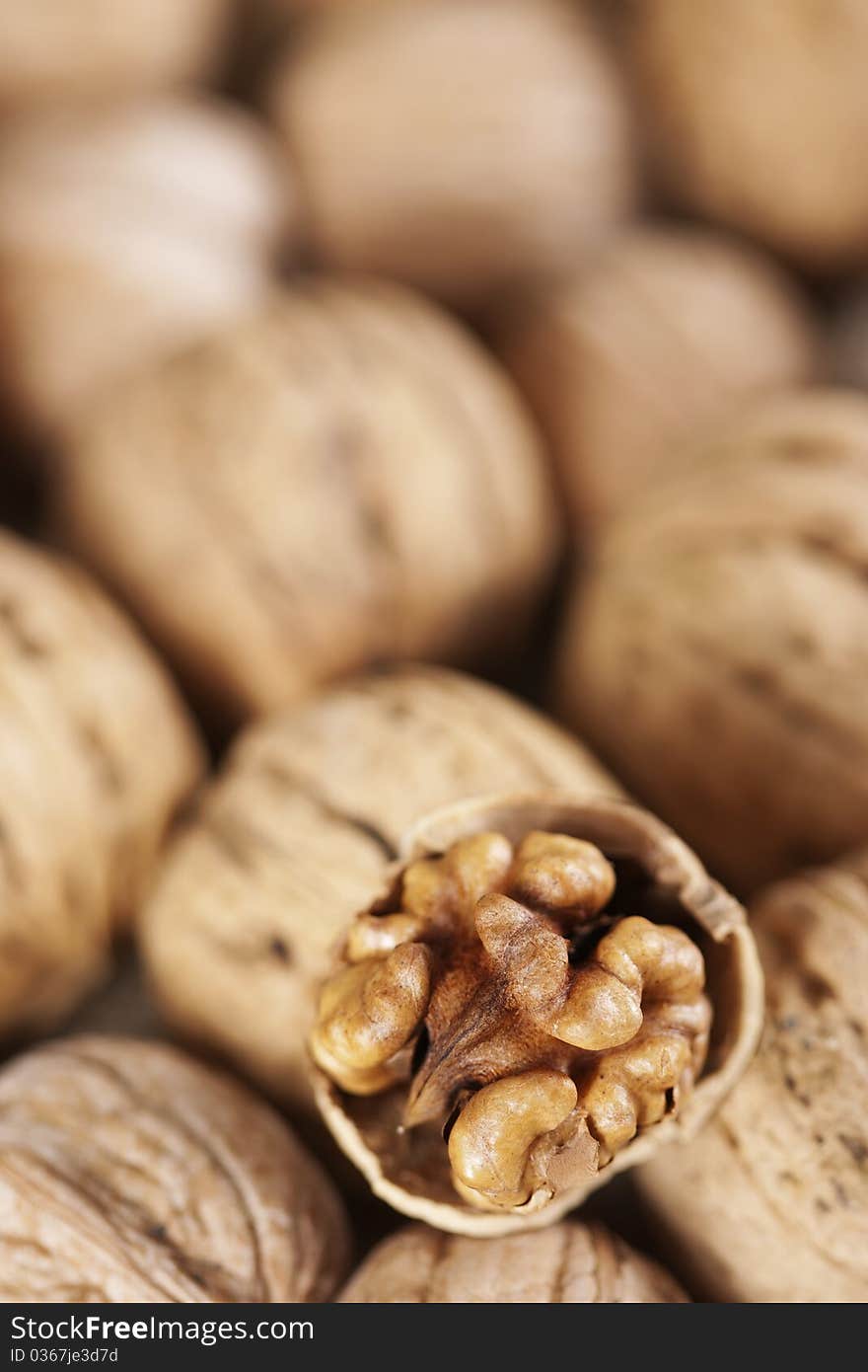 Walnuts close-up on the sackcloth background