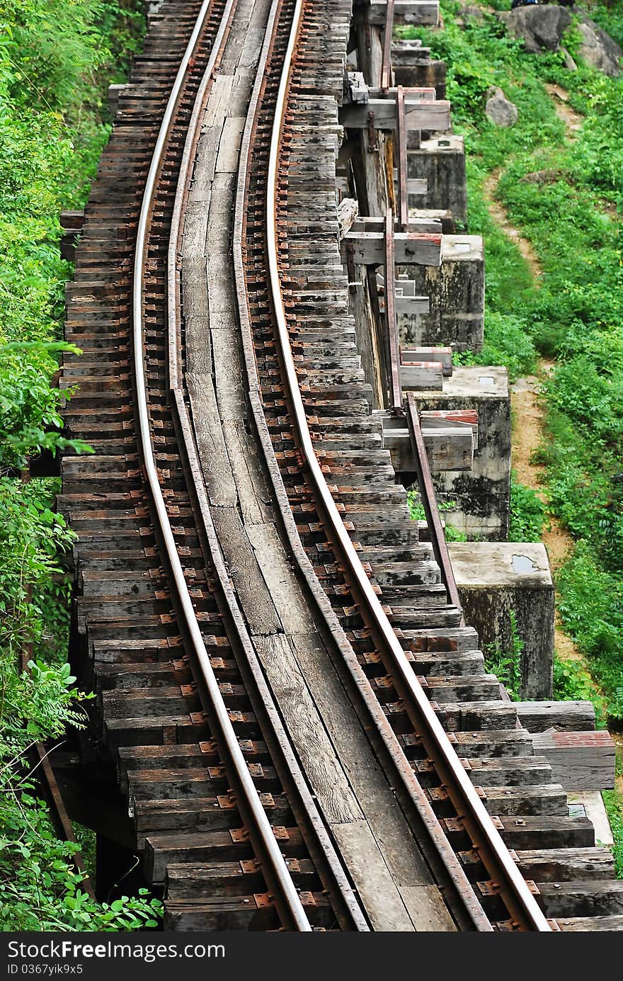 The railway  on the River Khwae (the Death Railway ) Kanchanaburi province Thailand