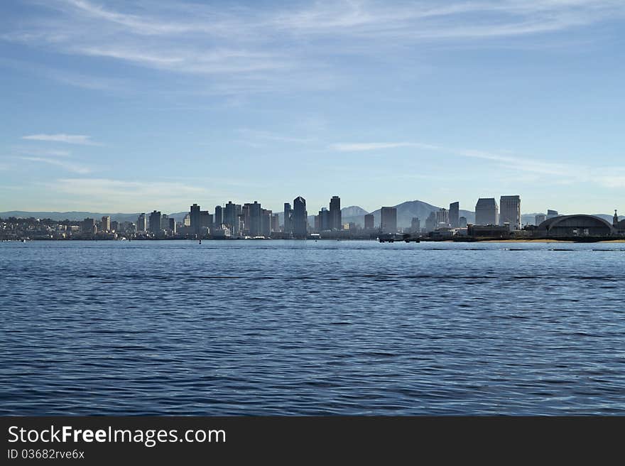 San Diego California view of downtown from a boat. Daytime. San Diego California view of downtown from a boat. Daytime.