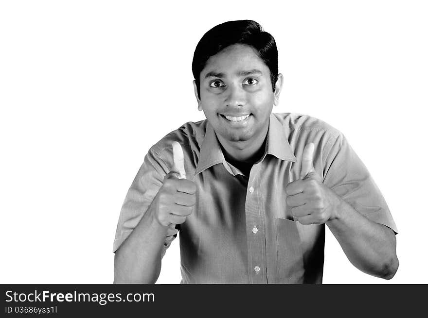 An handsome Indian man showing hands for success. An handsome Indian man showing hands for success