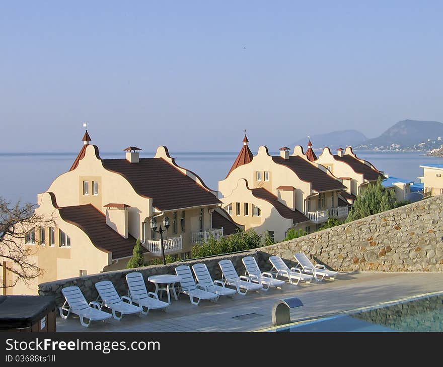 Mansions with tiled roof at Black Sea shore