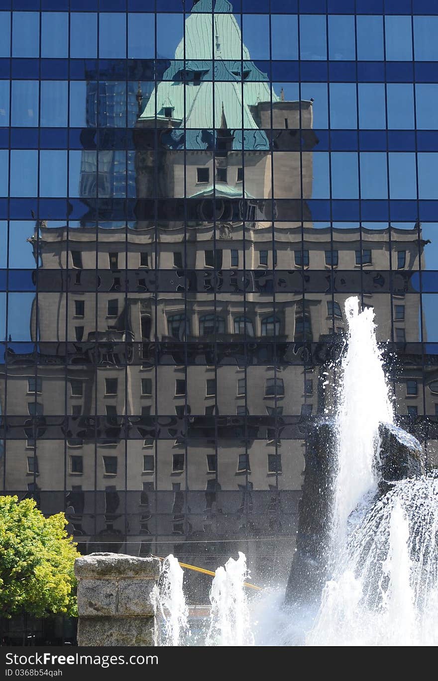 Vancouver, Canada, Canada Place, reflection of buildings, downtown, fountains, modern buildings port side