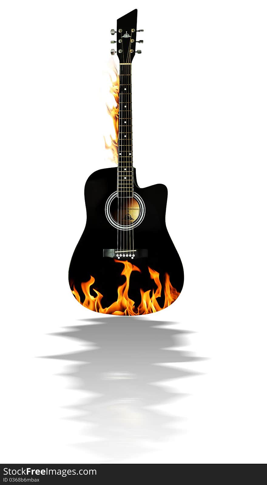 Black horizontal acoustic guitar isolated on white background with a reflection and orange fire on the body.