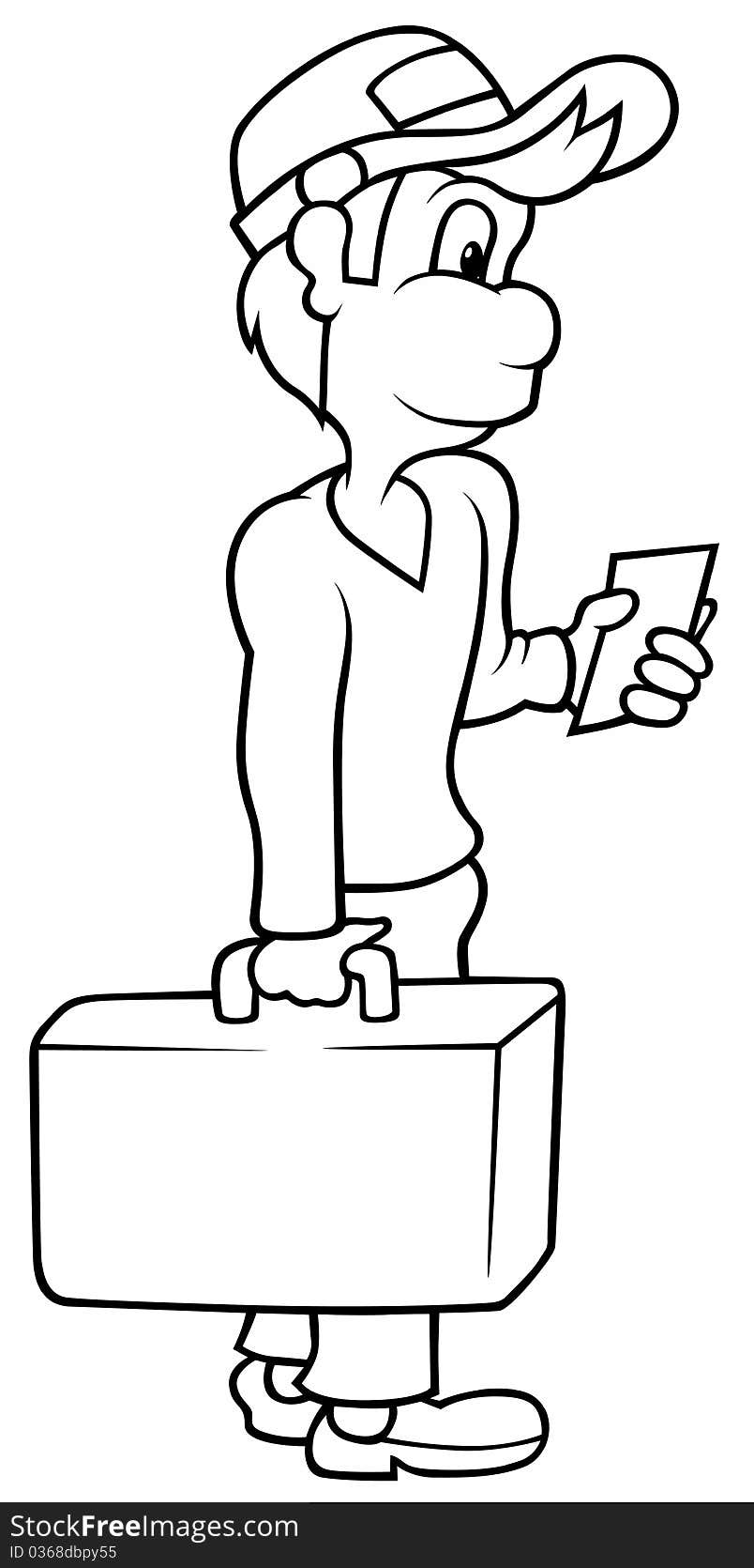 Boy with Suitcase - Black and White Cartoon illustration, Vector