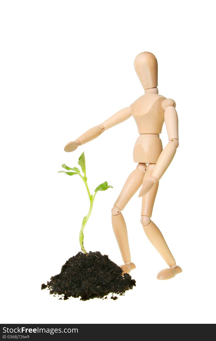 Artist's manikin standing next to a young plant seedling. Artist's manikin standing next to a young plant seedling