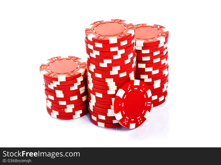 Stacks of poker chips on a white background