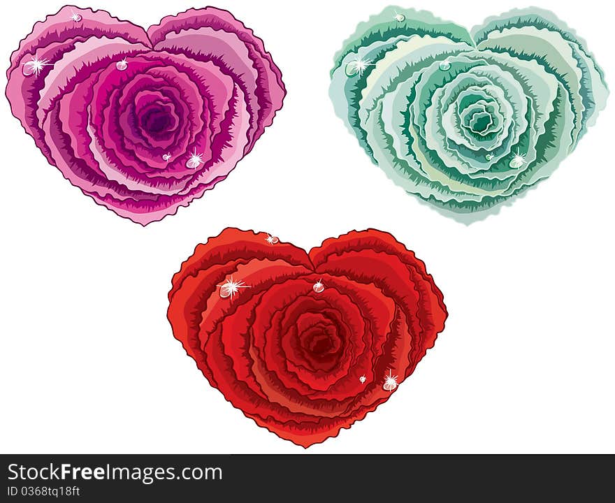 Heart shaped three beautiful colorful roses. Heart shaped three beautiful colorful roses