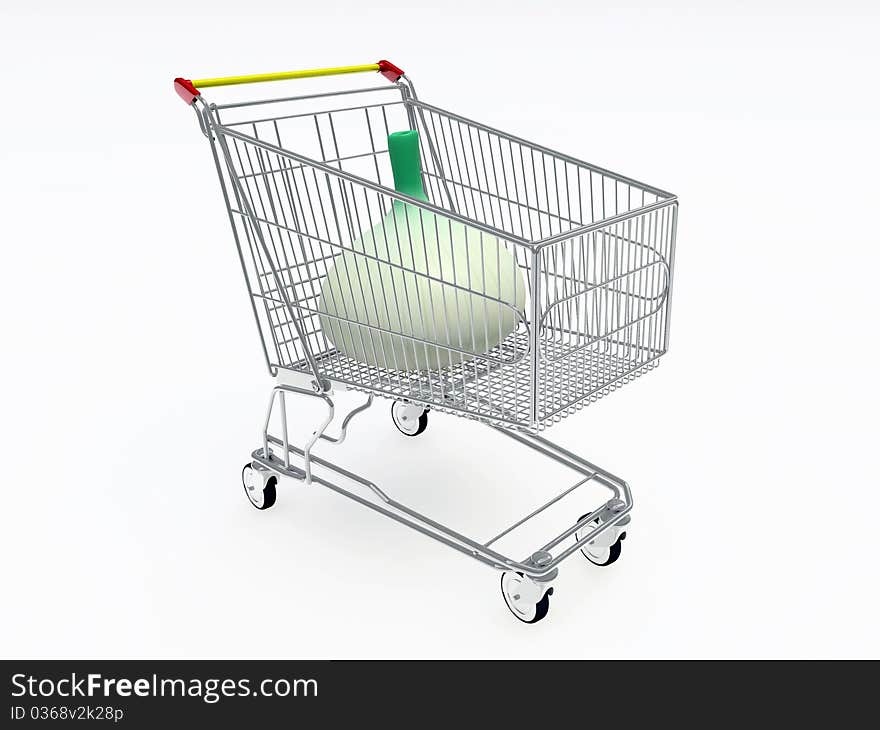 Shopping cart with big onion inside isolated on white background