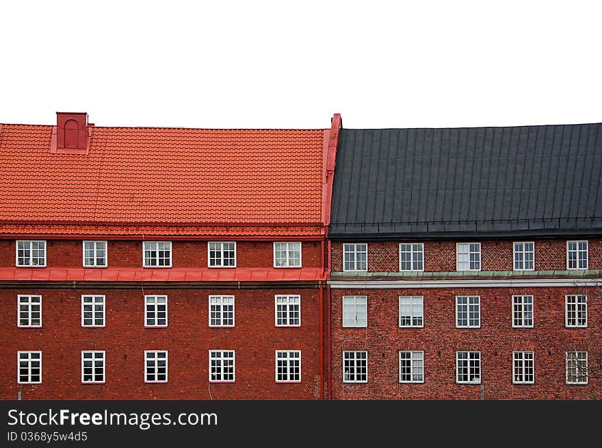 The facade of old buildings on a white background.