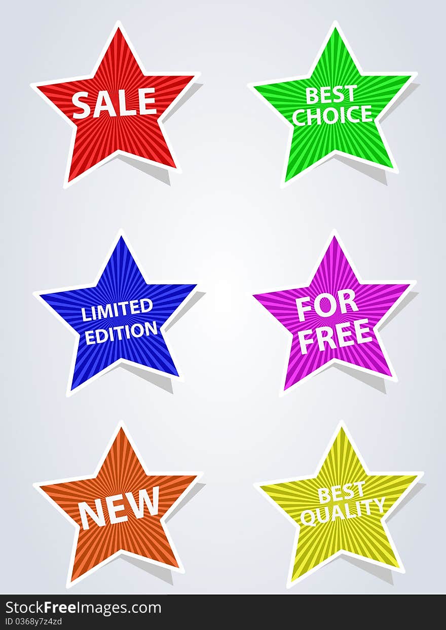 Set of six different colors labels star. Set of six different colors labels star